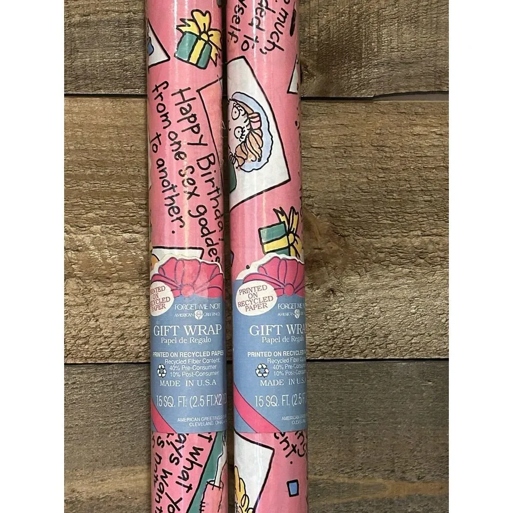 American Greetings Forget Me Not Two Gift‎ Wrap VTG Happy Birthday Sex Goddess